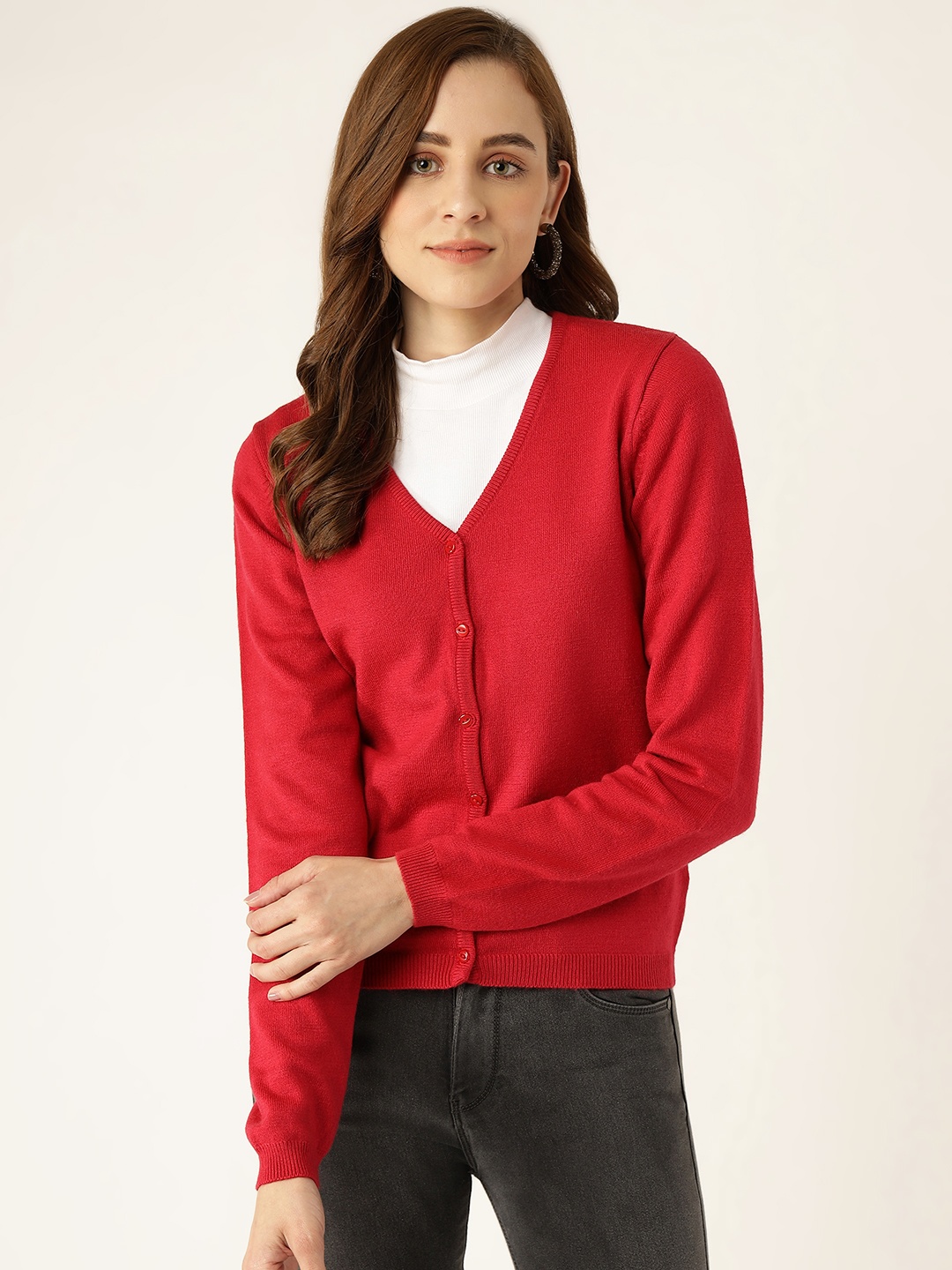 

Madame Women Red Solid Cardigan