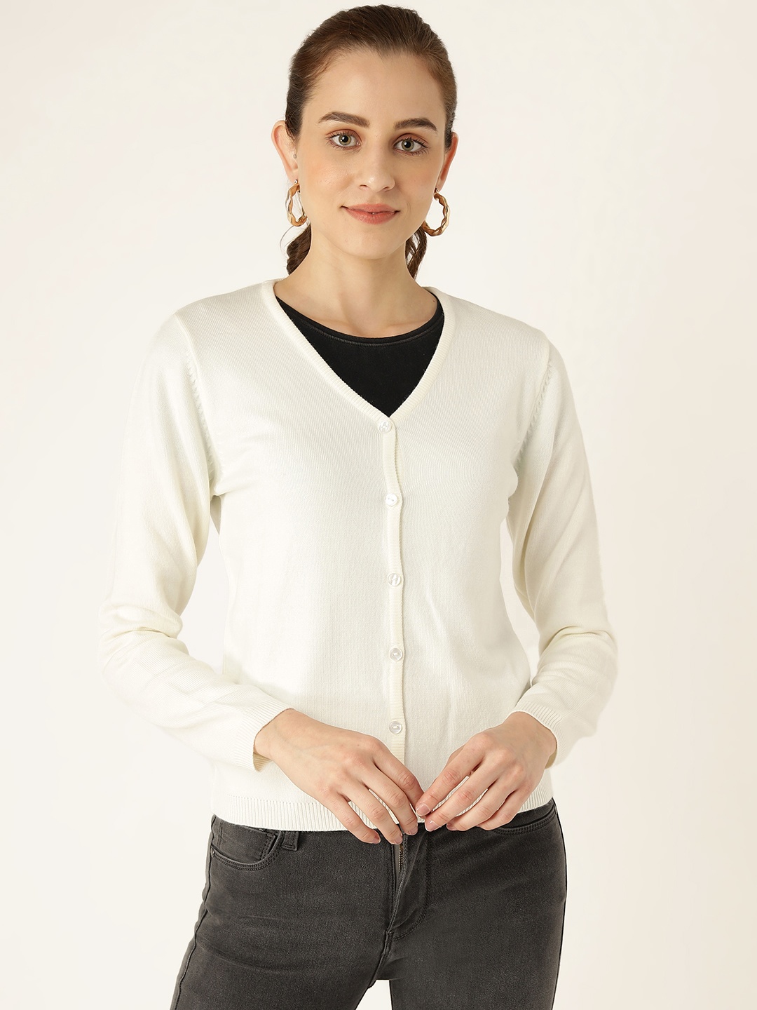 

Madame Women Off White Solid Cardigan