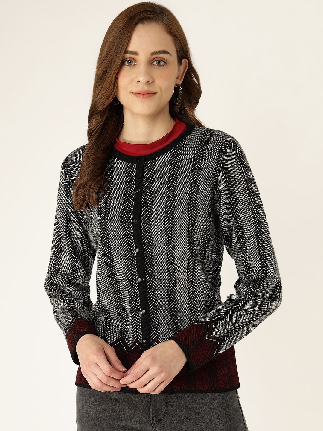 

Madame Women Black & Maroon Striped Cardigan