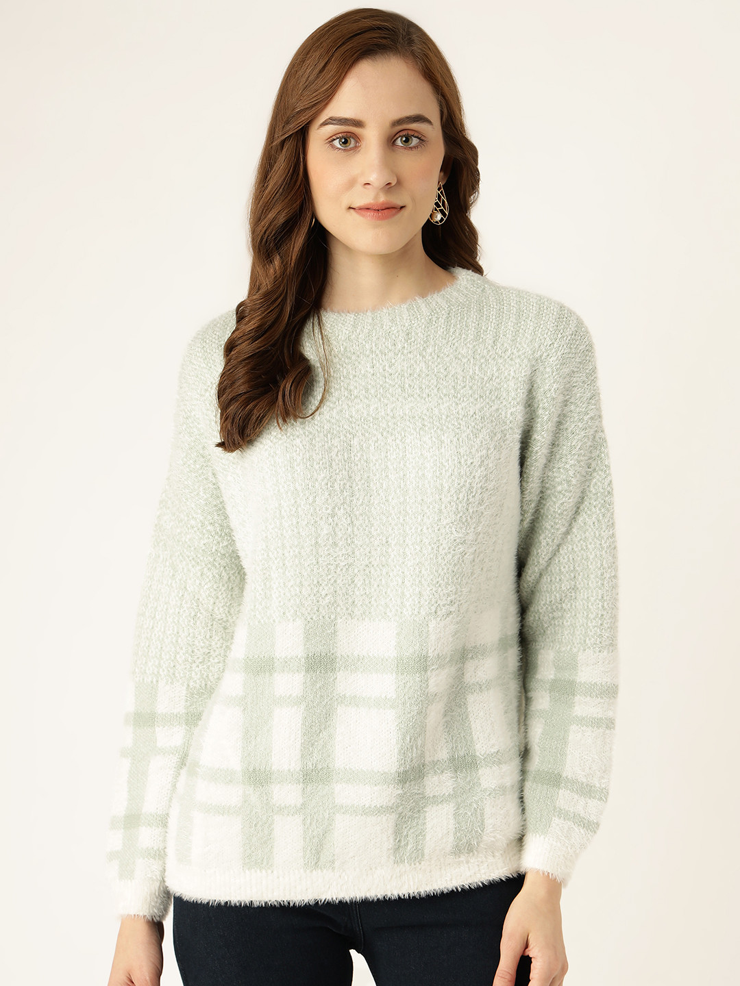 

Madame Women Mint Green & White Checked Fuzzy Sweater
