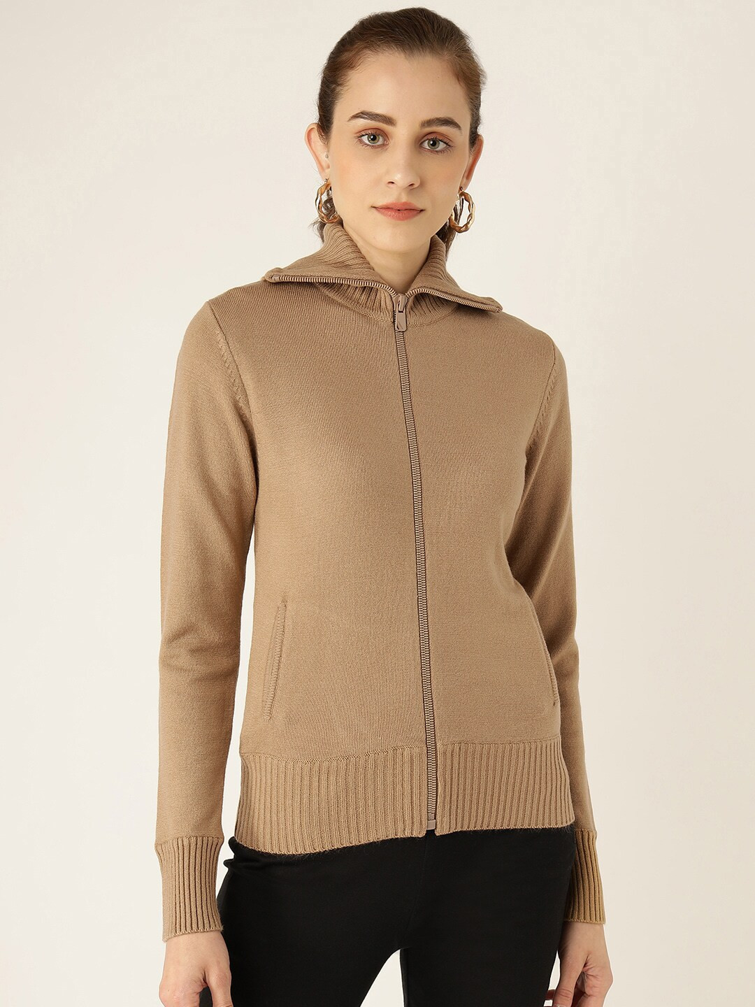 

Madame Women Beige Solid Front-Open Sweater