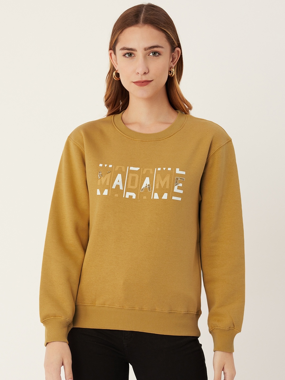 

Madame Women Mustard Yellow Brand Logo Printed Sweatshirt
