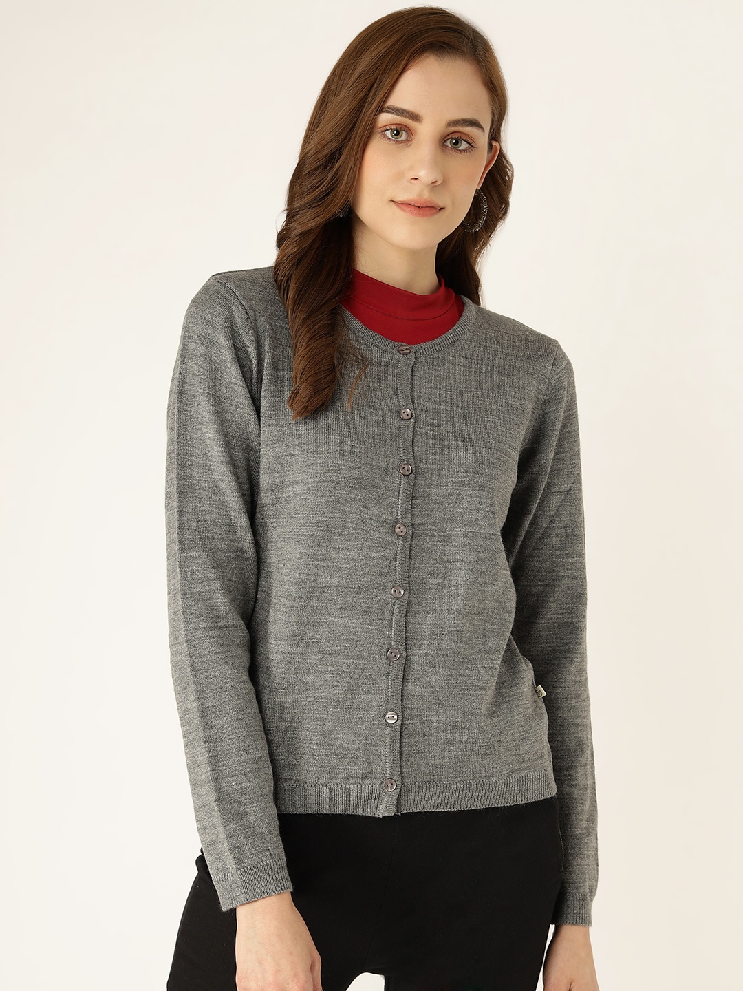 

Madame Women Grey Melange Solid Cardigan Sweater