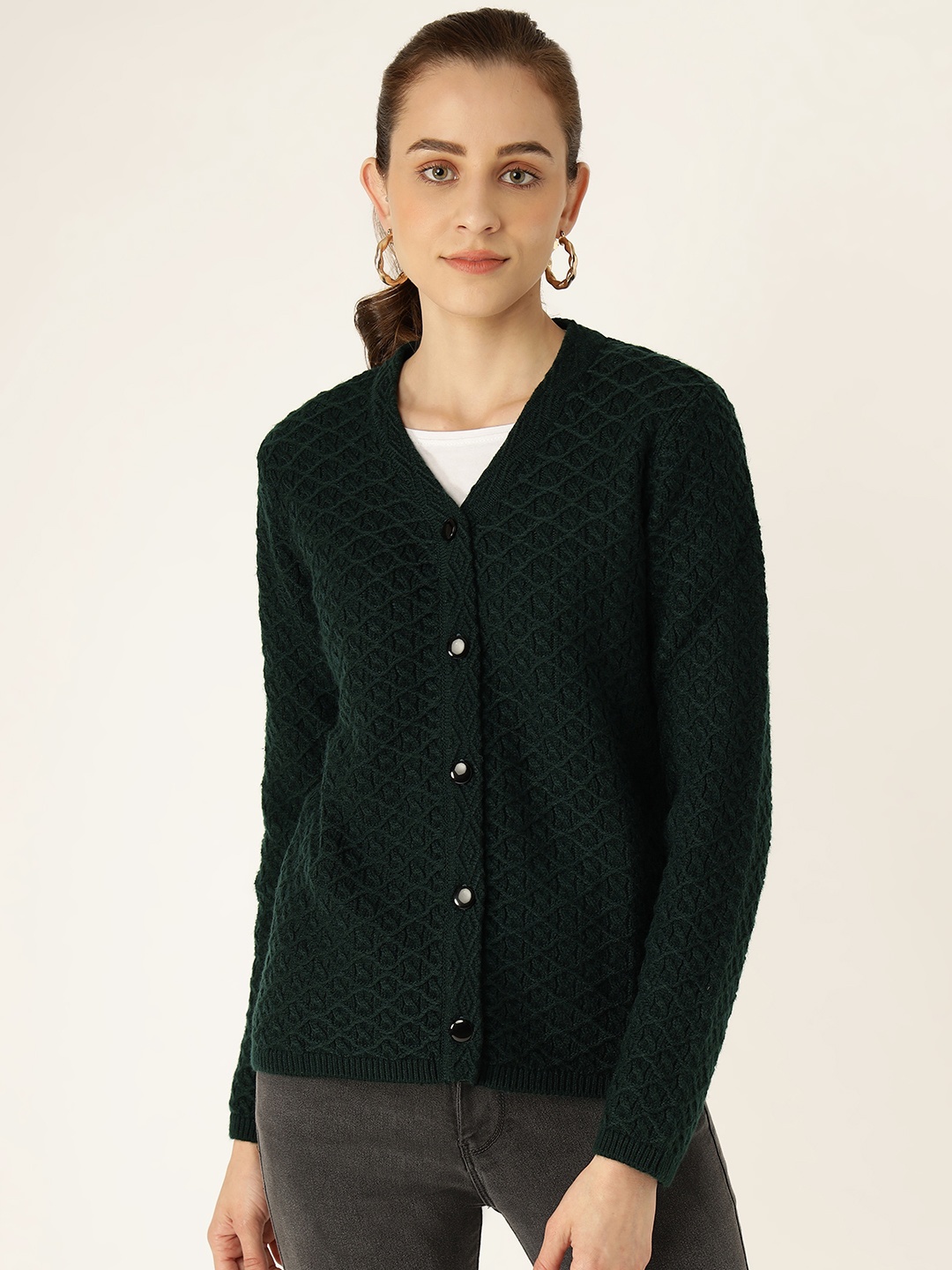 

Madame Women Green Self Designed Cardigan Sweater