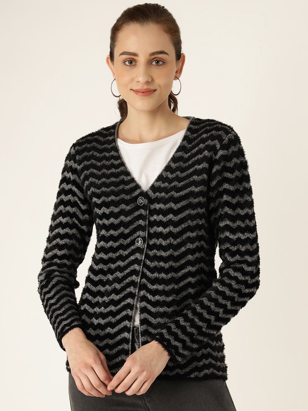 

Madame Women Black & Charcoal Grey Striped Cardigan