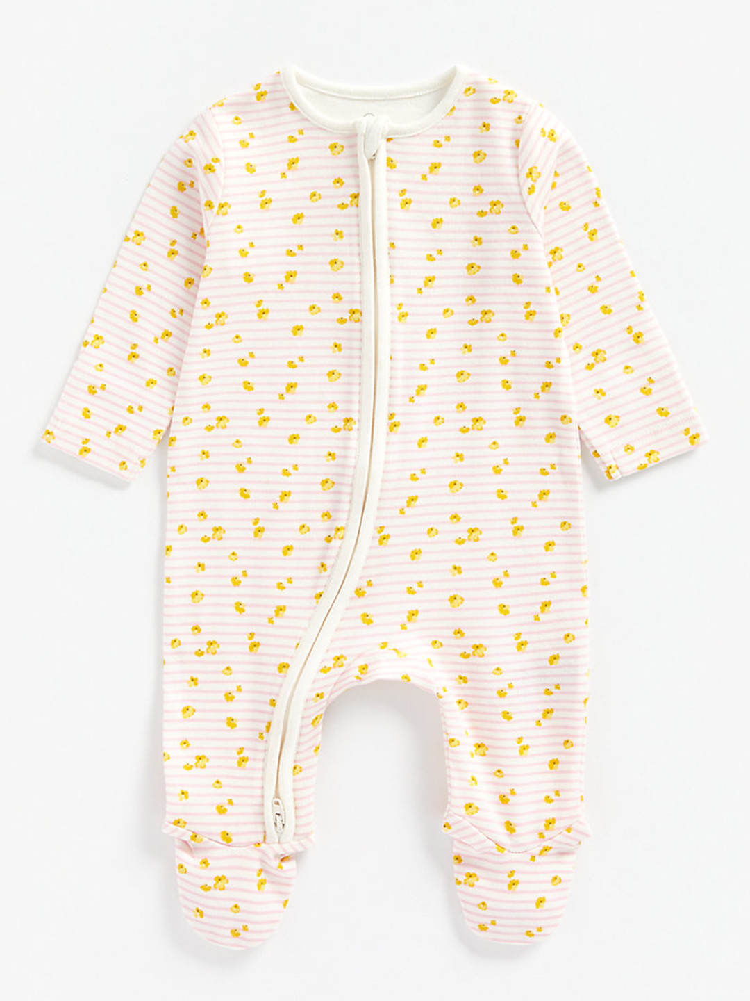

mothercare Infant Girls White & Pink Striped Floral Printed Pure Cotton Sleepsuit