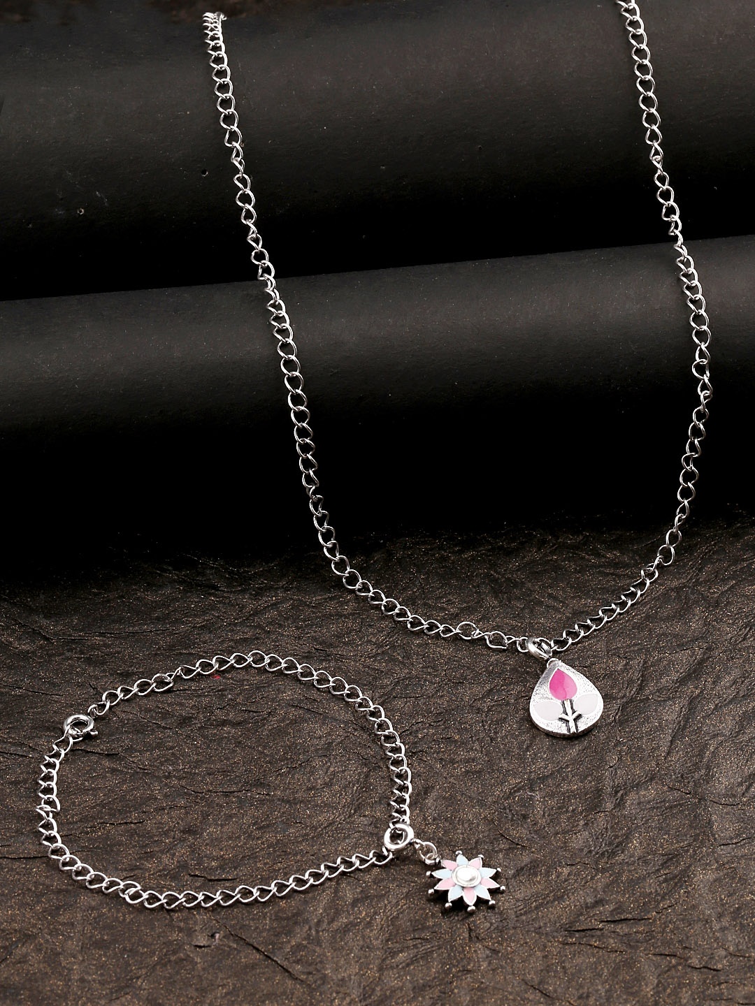 

Voylla Women Silver-Plated Enameled Pendant with Chain & Bracelet