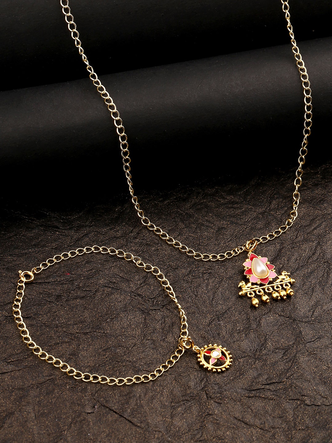 

Voylla Women Gold-Plated Enameled Charms Pendant With Chain and Bracelet Set