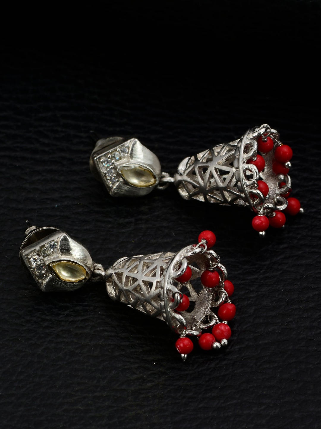 

Silgo Silver-Toned & Red Contemporary Jhumkas Earrings