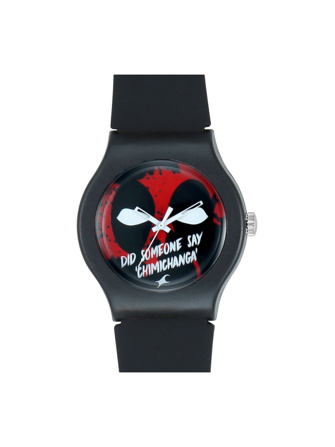 

Fastrack Unisex Black & Red Dial & Straps Deadpool Print Analogue Watch 9915PP75