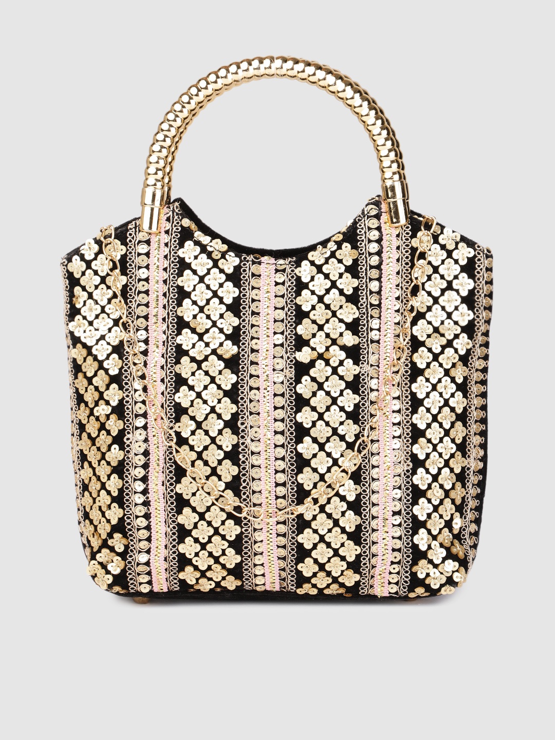 

Inddus Black Ethnic Motifs Embellished Structured Sequined Handheld Bag