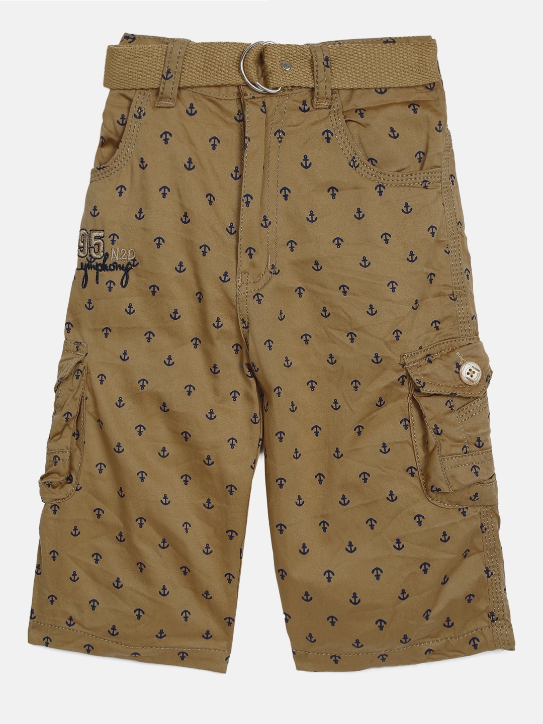 

ADBUCKS Boys Beige Printed Relaxed Easy Wash Chambray 3/4th Cargos Trousers