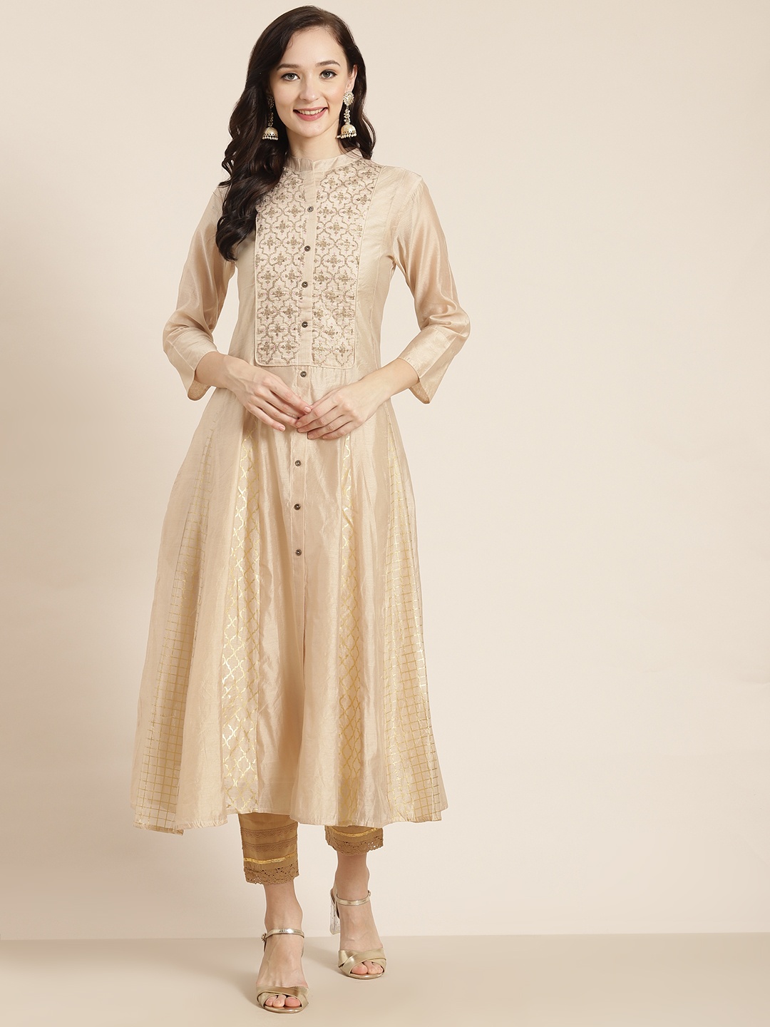 

Juniper Women Beige & Gold-Toned Embellished Indie Prints Chanderi Silk Chanderi Silk Anarkali Kurta
