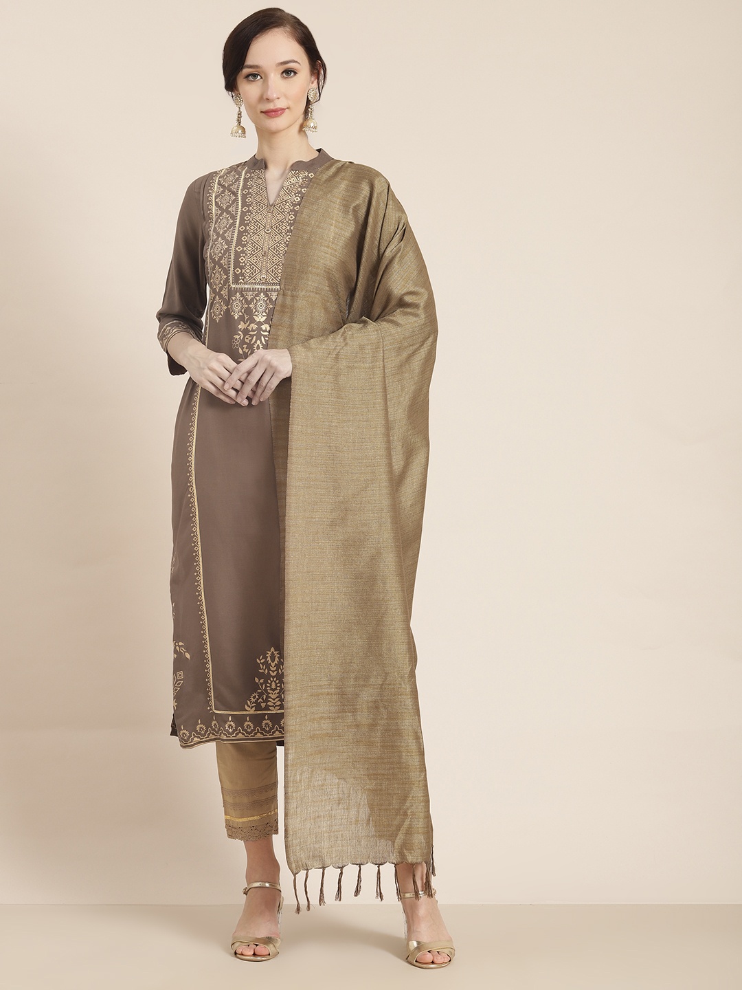 

Juniper Women Brown & Gold-Toned Liva Kurta Dupatta Set With Rubber-Band