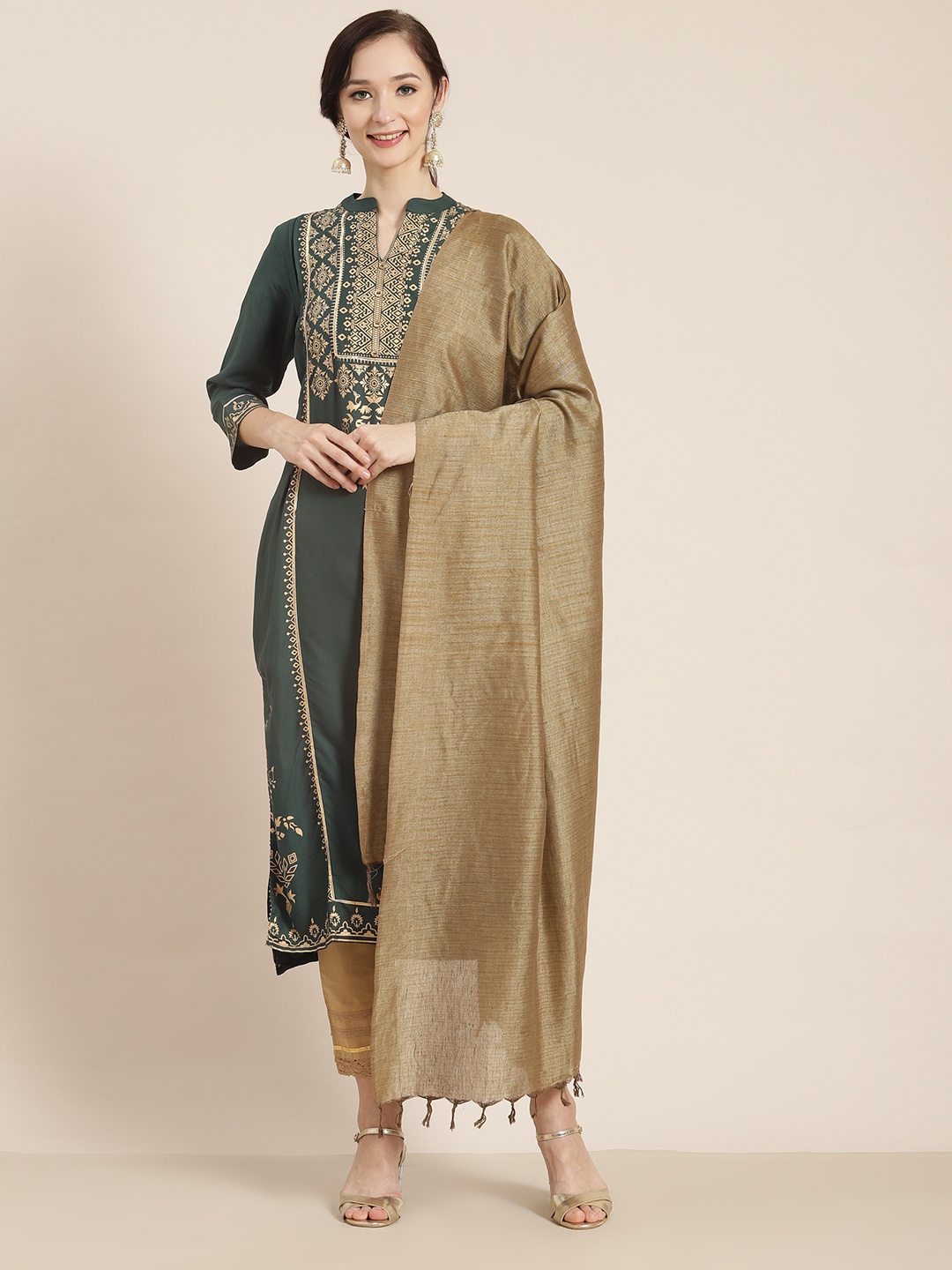 

Juniper Women Green & Gold-Toned Ethnic Motifs Printed Gotta Patti Indie Prints Liva Kurta