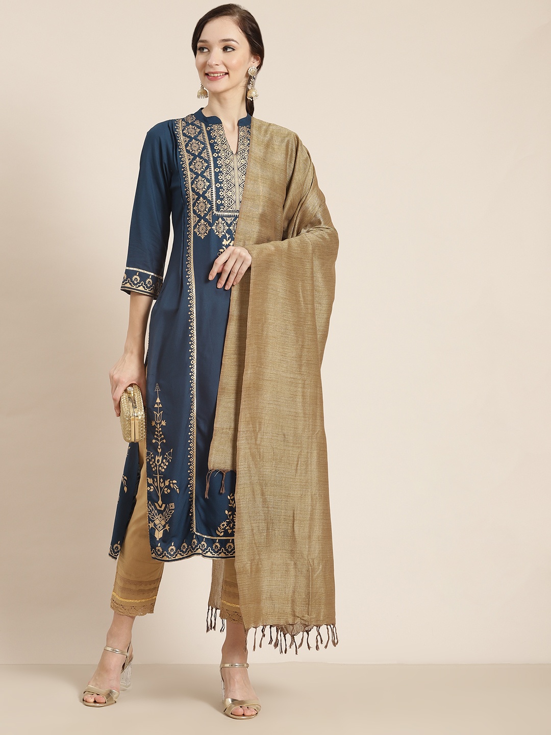 

Juniper Women Blue & Gold-Toned Ethnic Motifs Printed Gotta Patti Liva Kurta