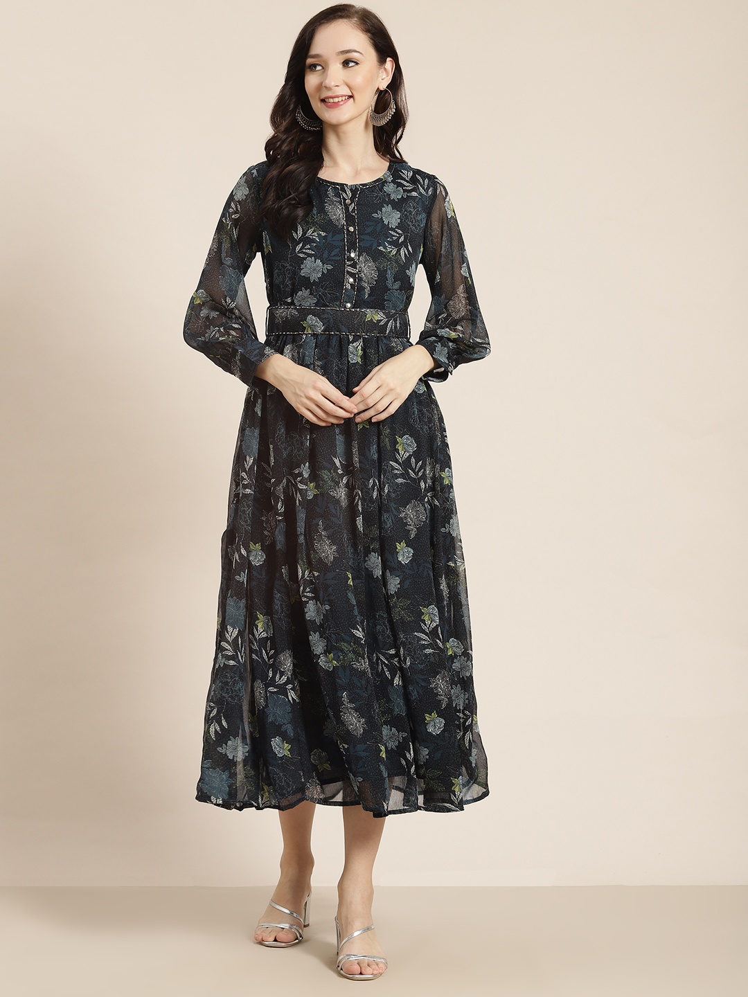 

Juniper Teal Blue Floral Chiffon Midi Dress