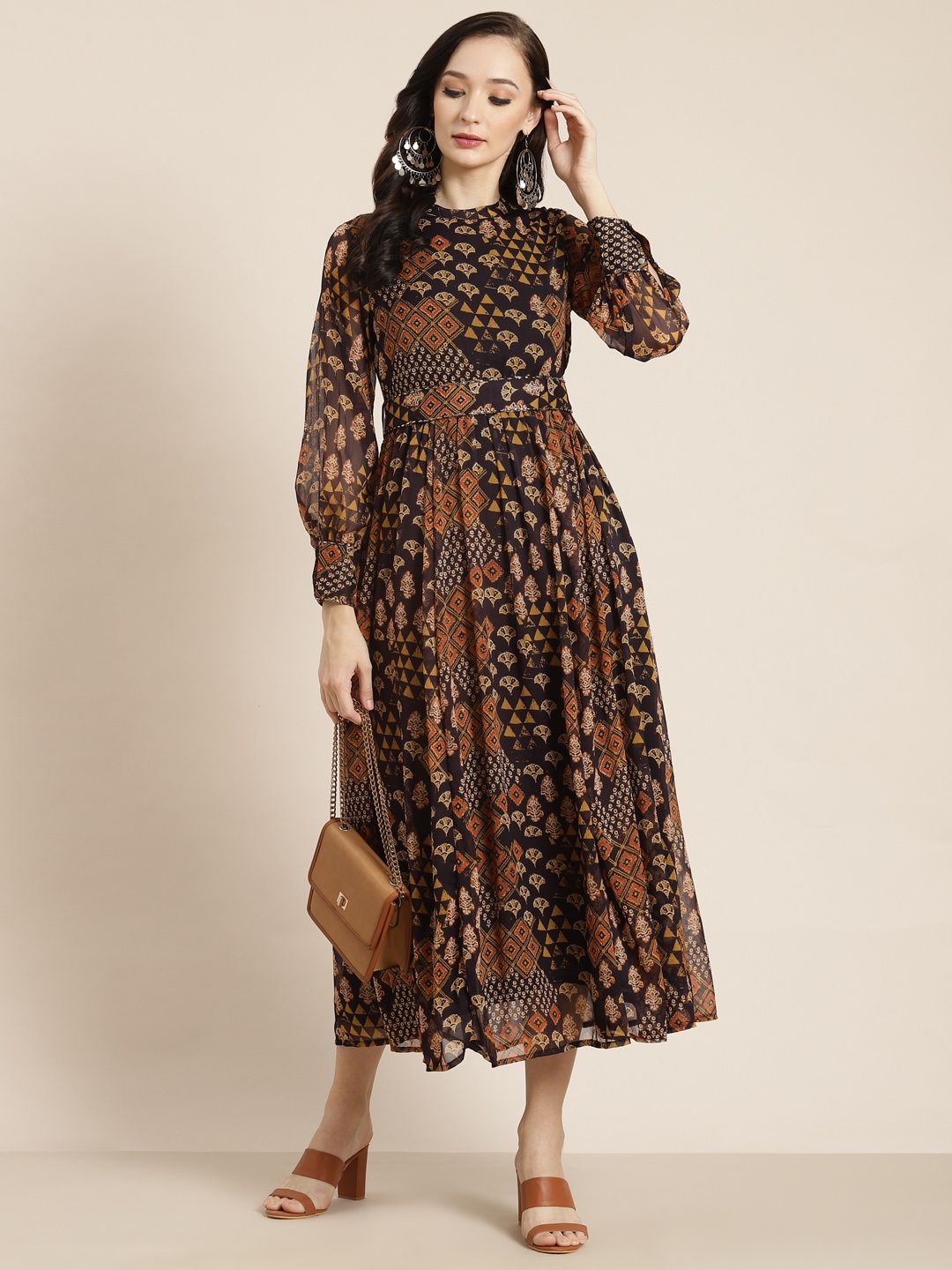 

Juniper Brown & Orange Chiffon Maxi Dress