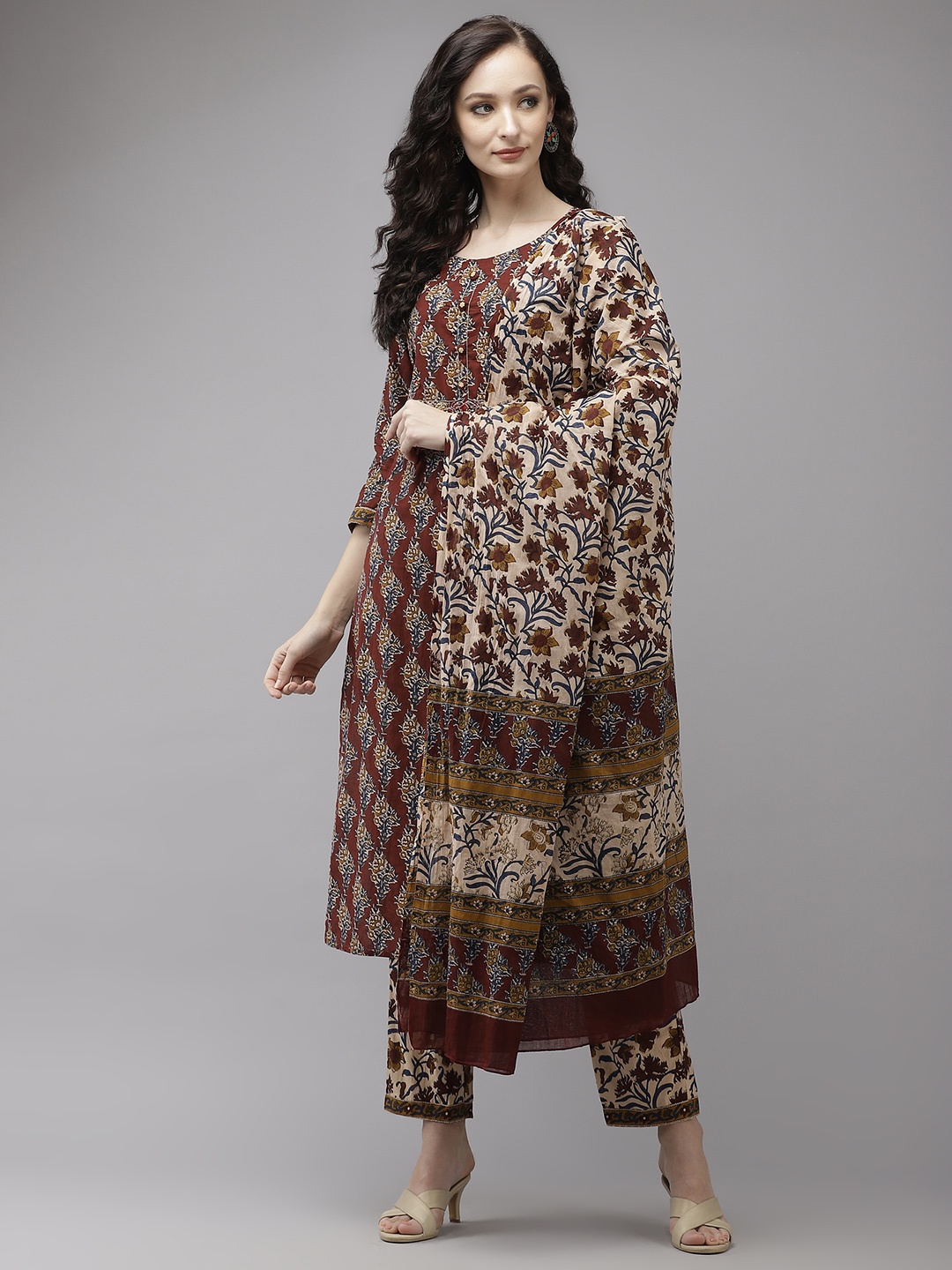 

Yufta Women Maroon Printed Regular Pure Cotton Kurta with Palazzos & With Dupatta