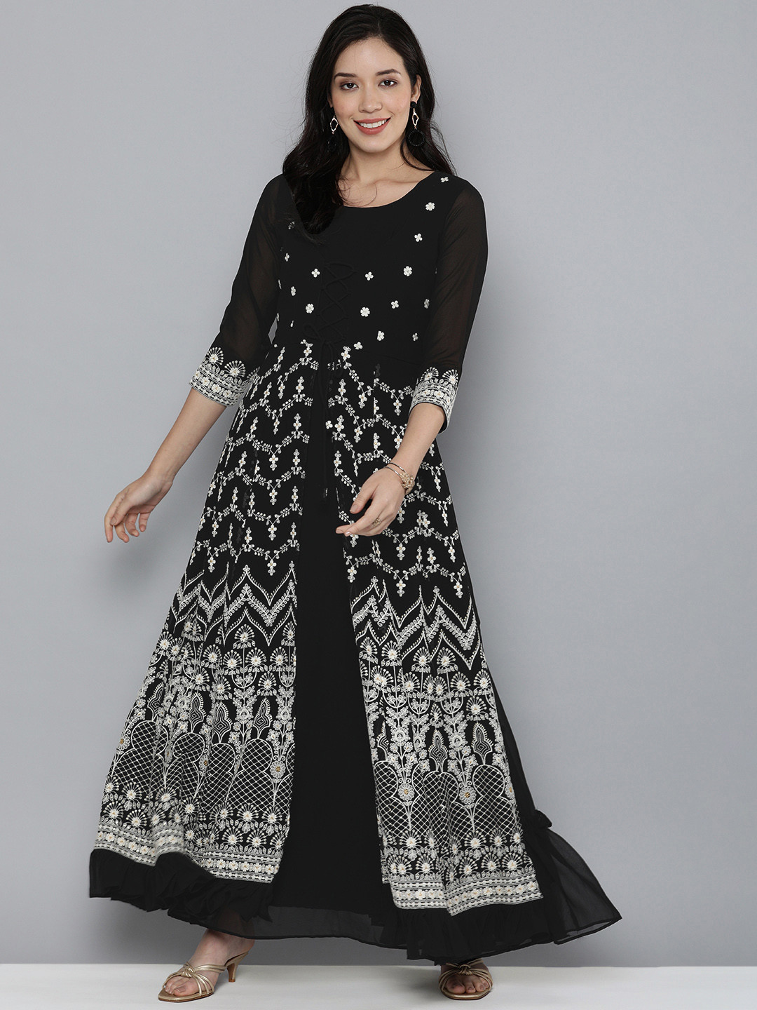 

Kvsfab Women Black & White Ethnic Motifs Embroidered Thread Work Georgette Anarkali Kurta