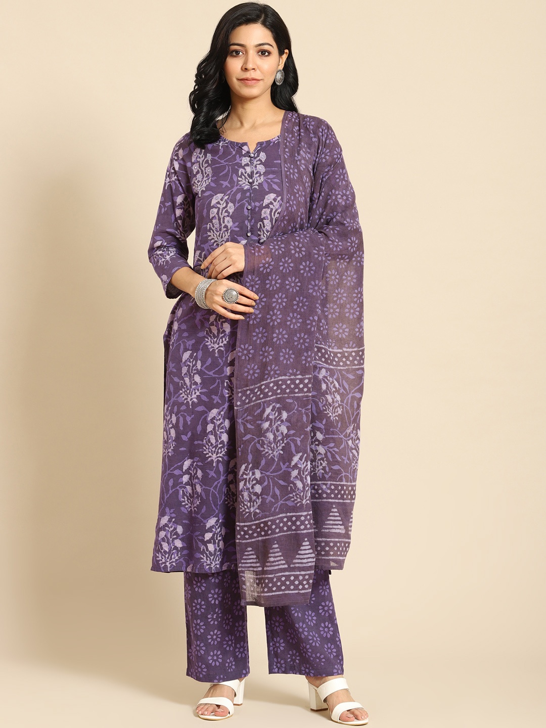 

Prakrti Women Purple Printed Regular Pure Cotton Kurta with Trousers & With Dupatta