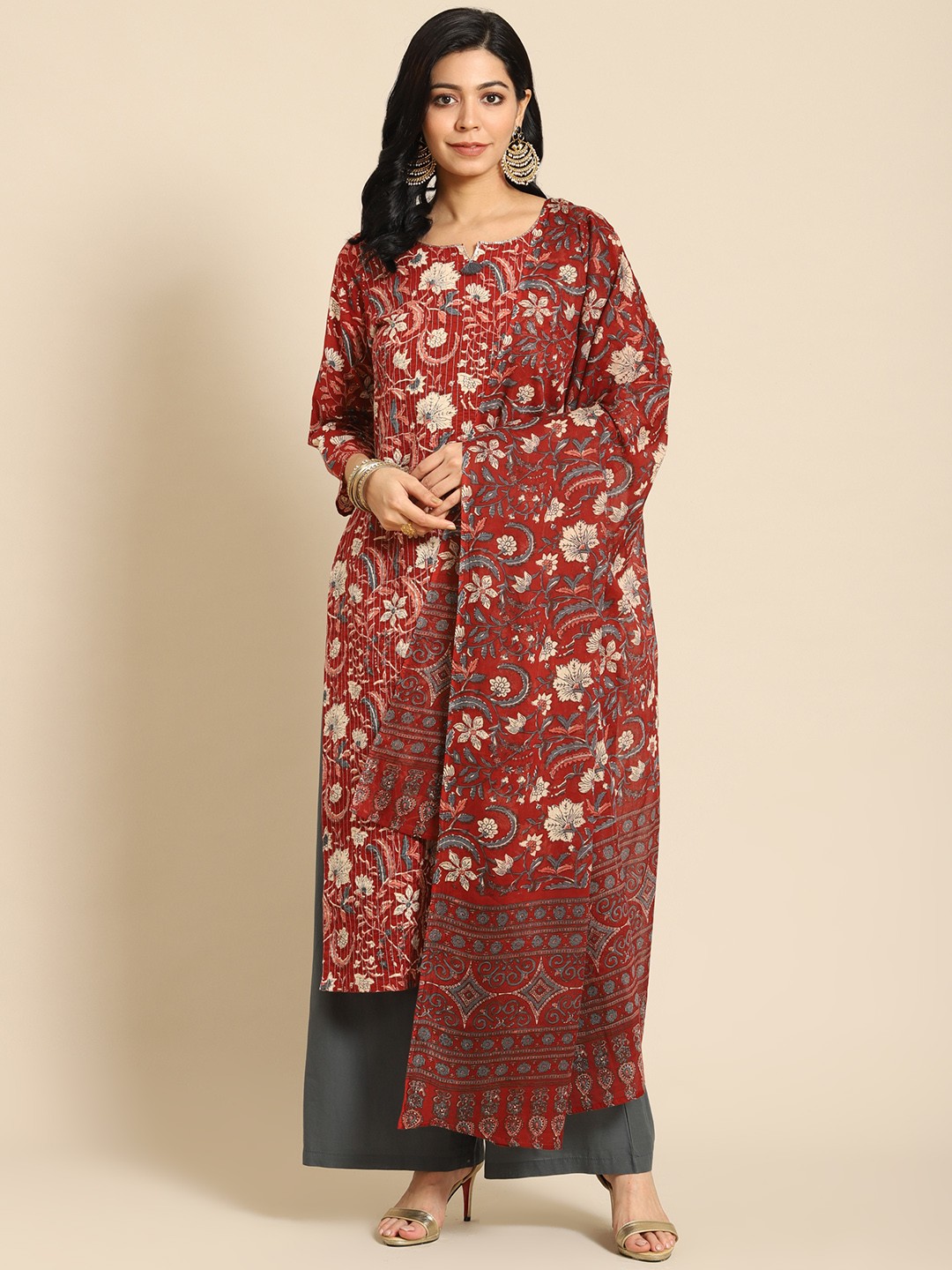 

Prakrti Women Rust Red Floral Printed Pure Cotton Kurta with Palazzos & With Dupatta