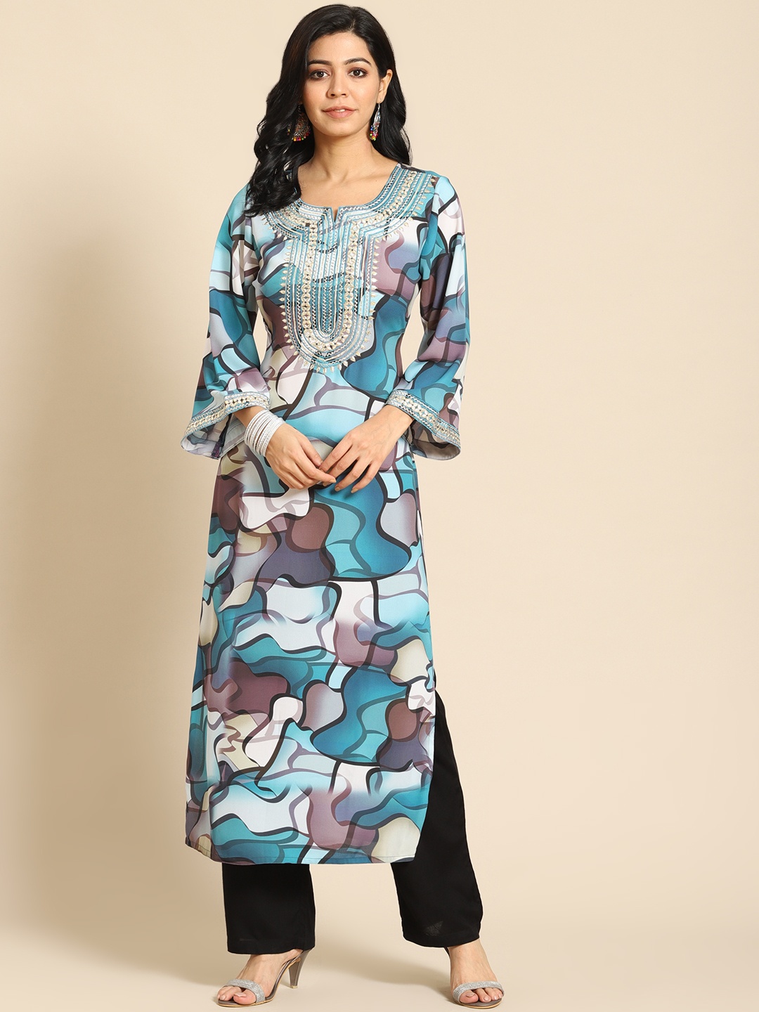

Prakrti Women Turquoise Blue Printed Regular Kurta with Trousers