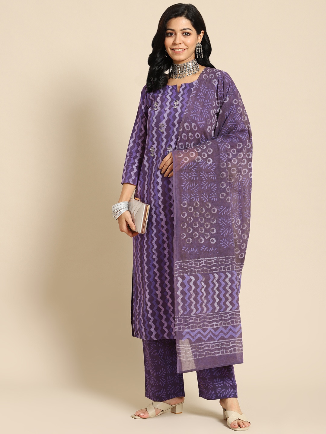 

Prakrti Women Purple Printed Regular Pure Cotton Kurta with Palazzos & With Dupatta