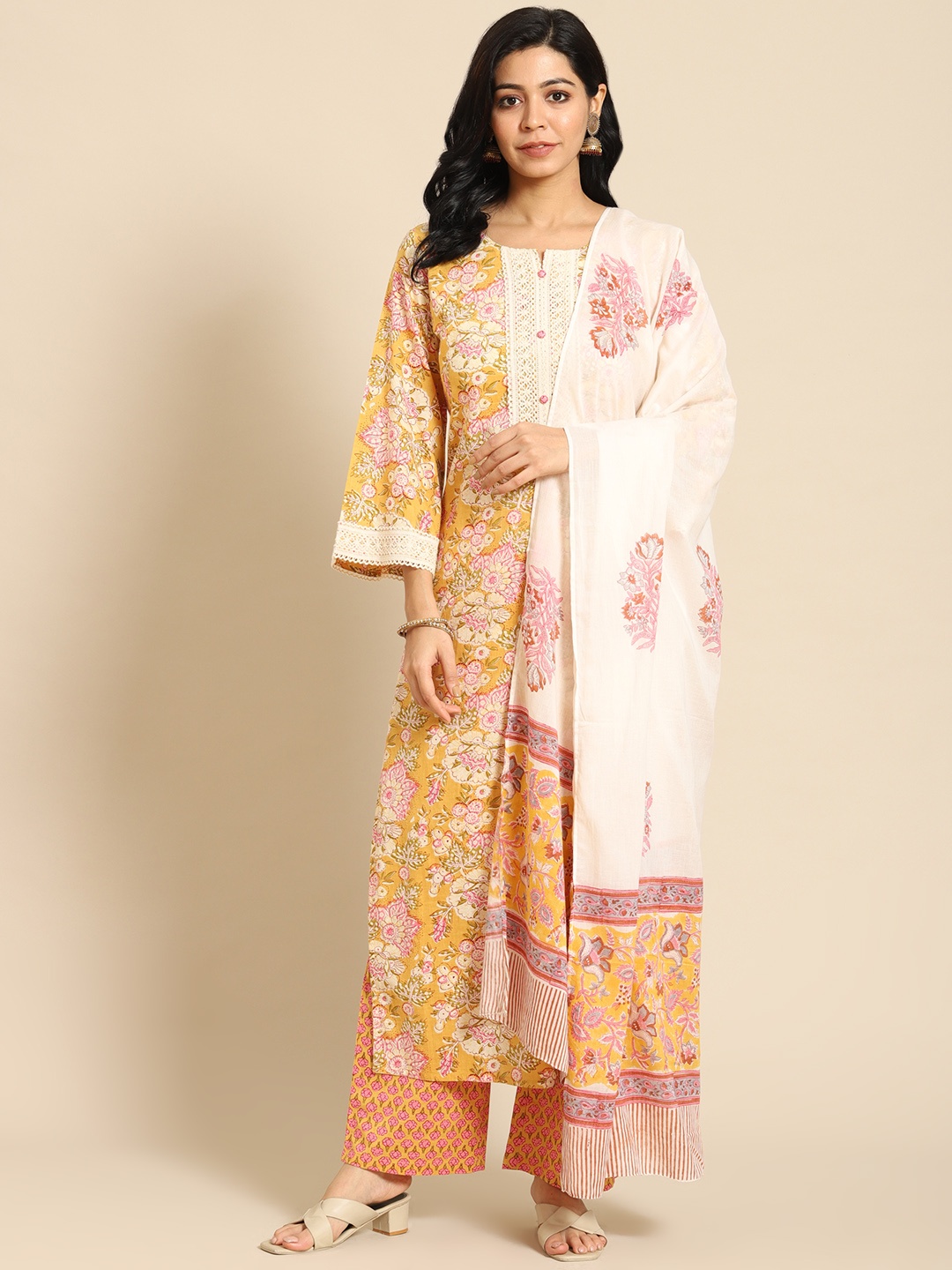 

Prakrti Women Yellow Printed Regular Pure Cotton Kurta with Palazzos & With Dupatta