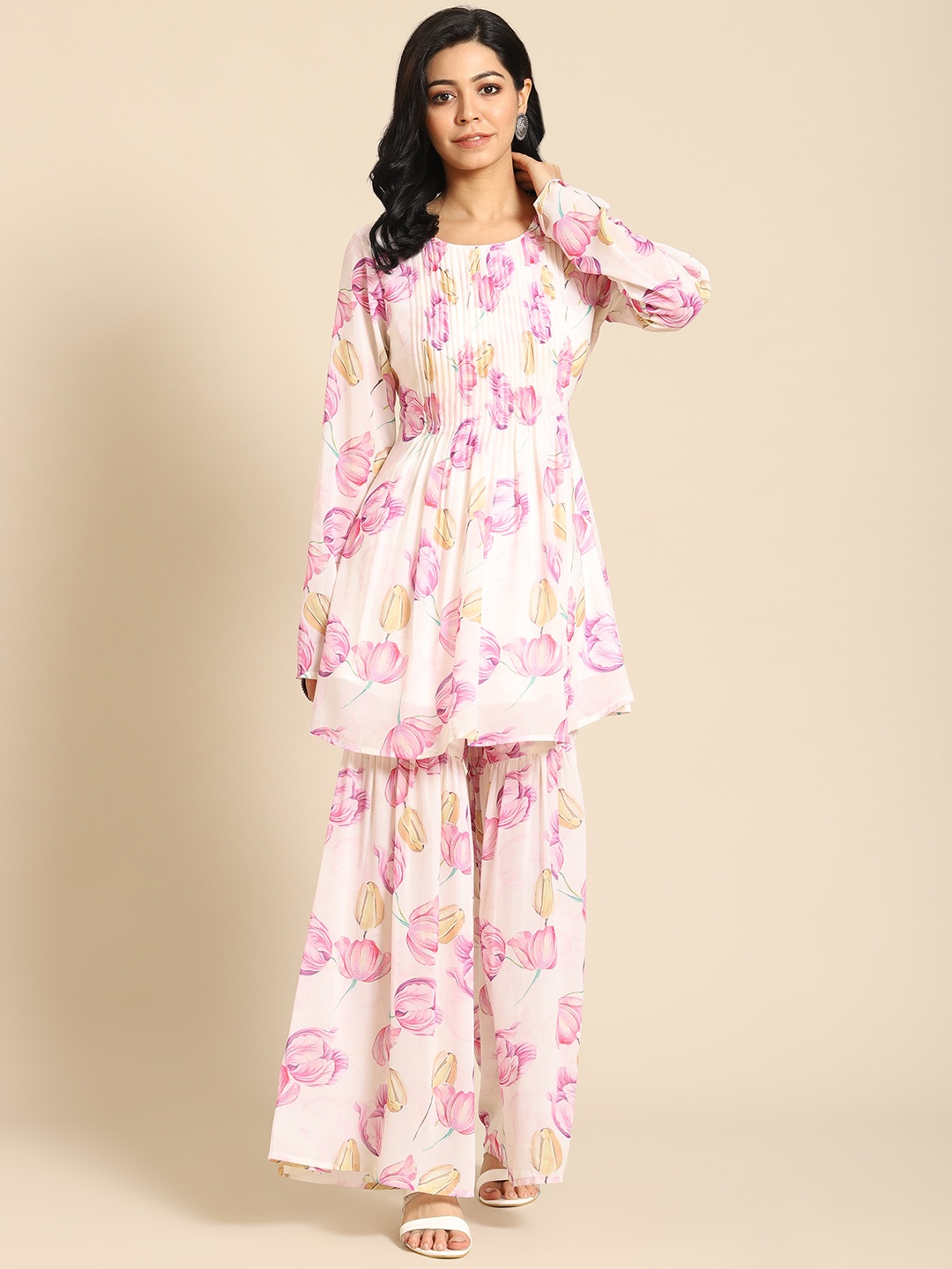 

Prakrti Women Off White Floral Printed Pleated Kurti with Sharara
