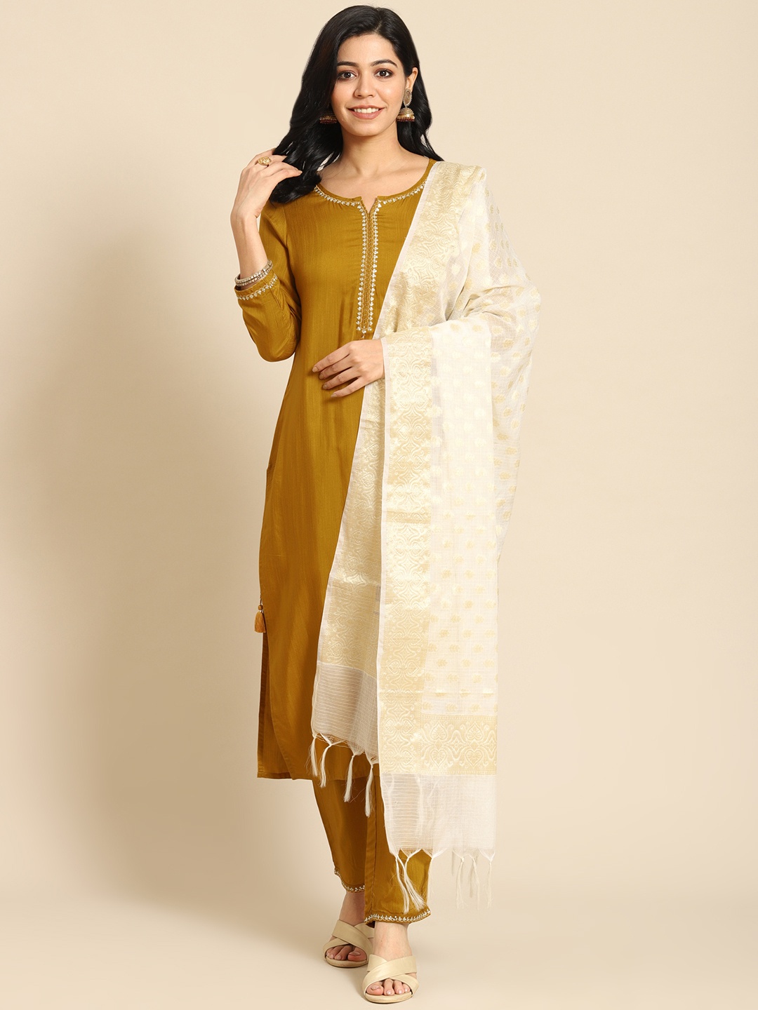 

Prakrti Women Mustard Yellow Regular Kurta with Trousers & With Dupatta