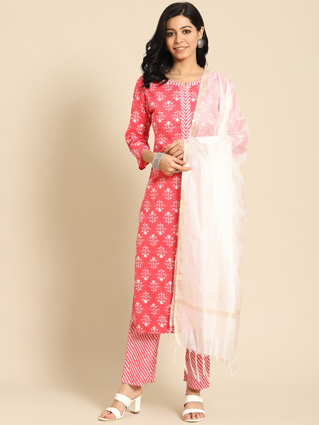 

Prakrti Women Pink Floral Printed Regular Pure Cotton Kurta with Trousers & With Dupatta