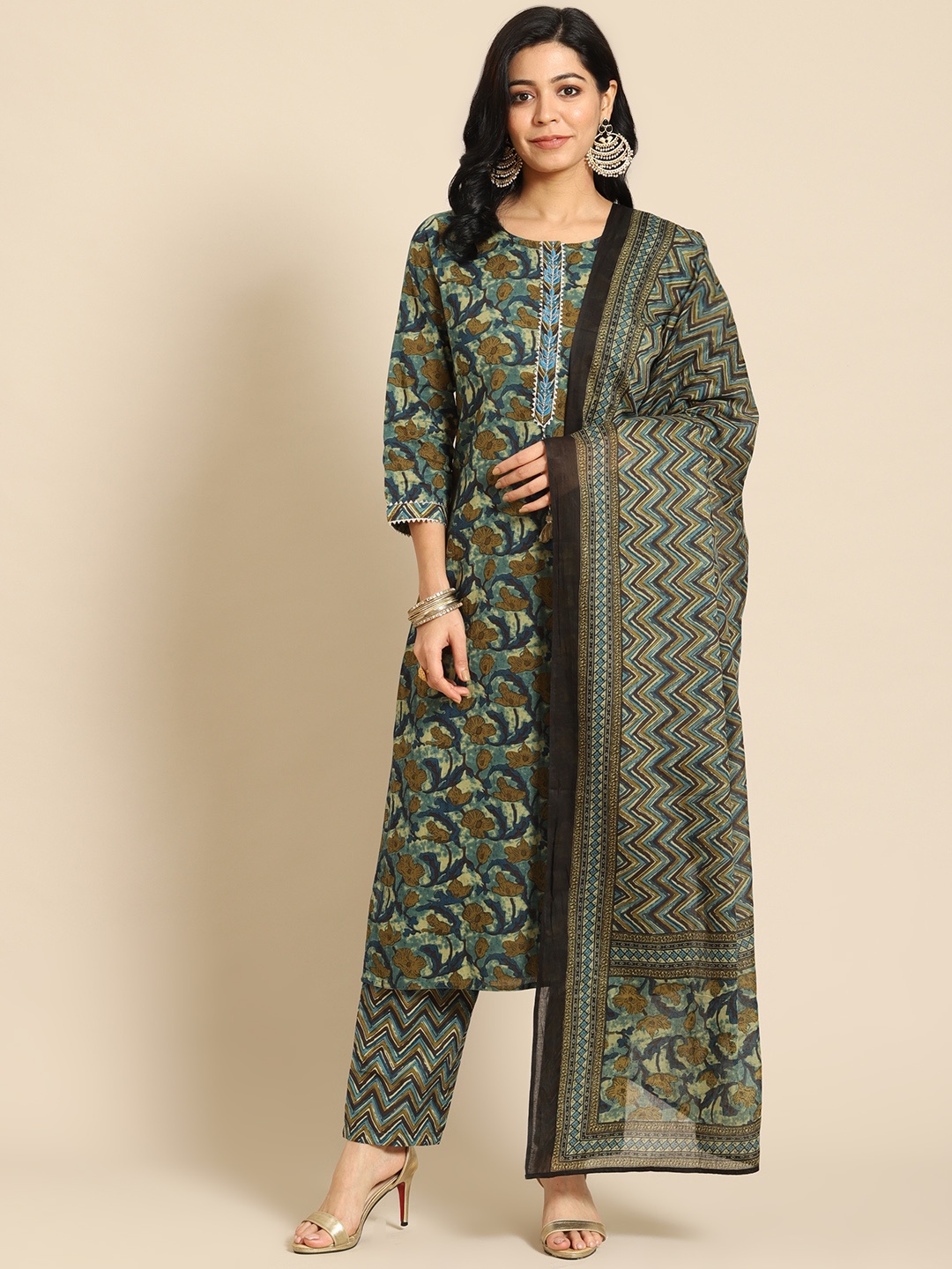 

Prakrti Women Teal Green Floral Printed Pure Cotton Kurta with Trousers & With Dupatta