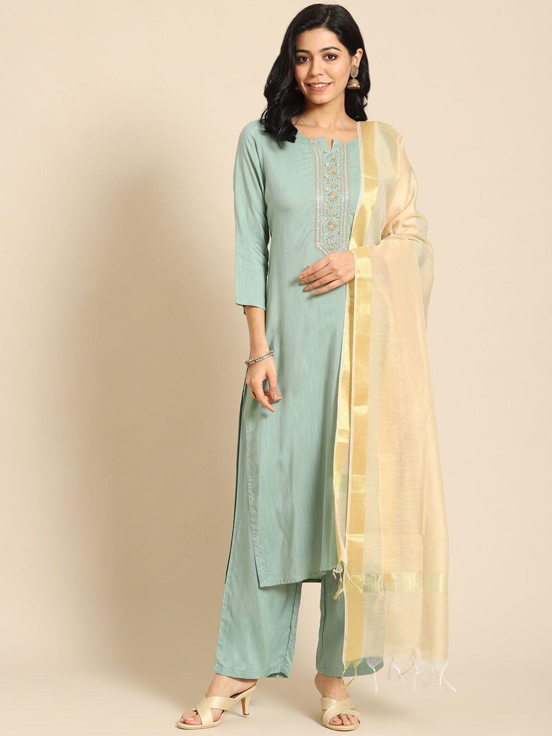 

Prakrti Women Green Regular Kurta with Palazzos & With Dupatta