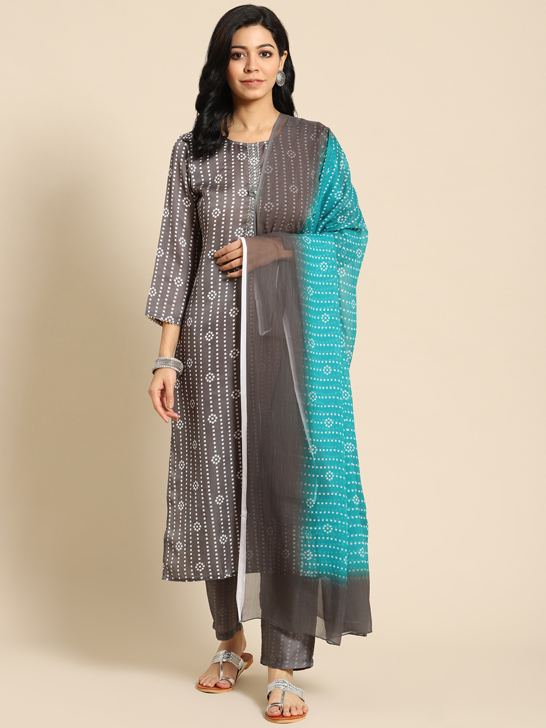 

Prakrti Women Grey Printed Regular Kurta with Trousers & With Dupatta