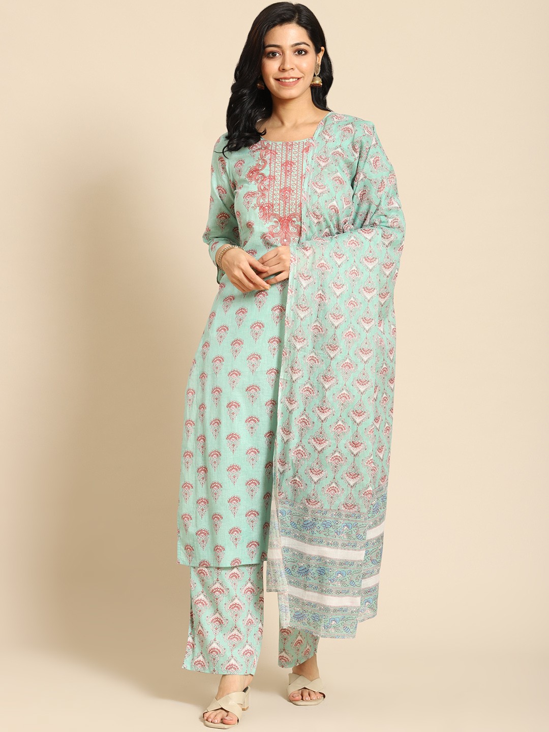 

Prakrti Women Sea Green Printed Regular Pure Cotton Kurta with Trousers & With Dupatta