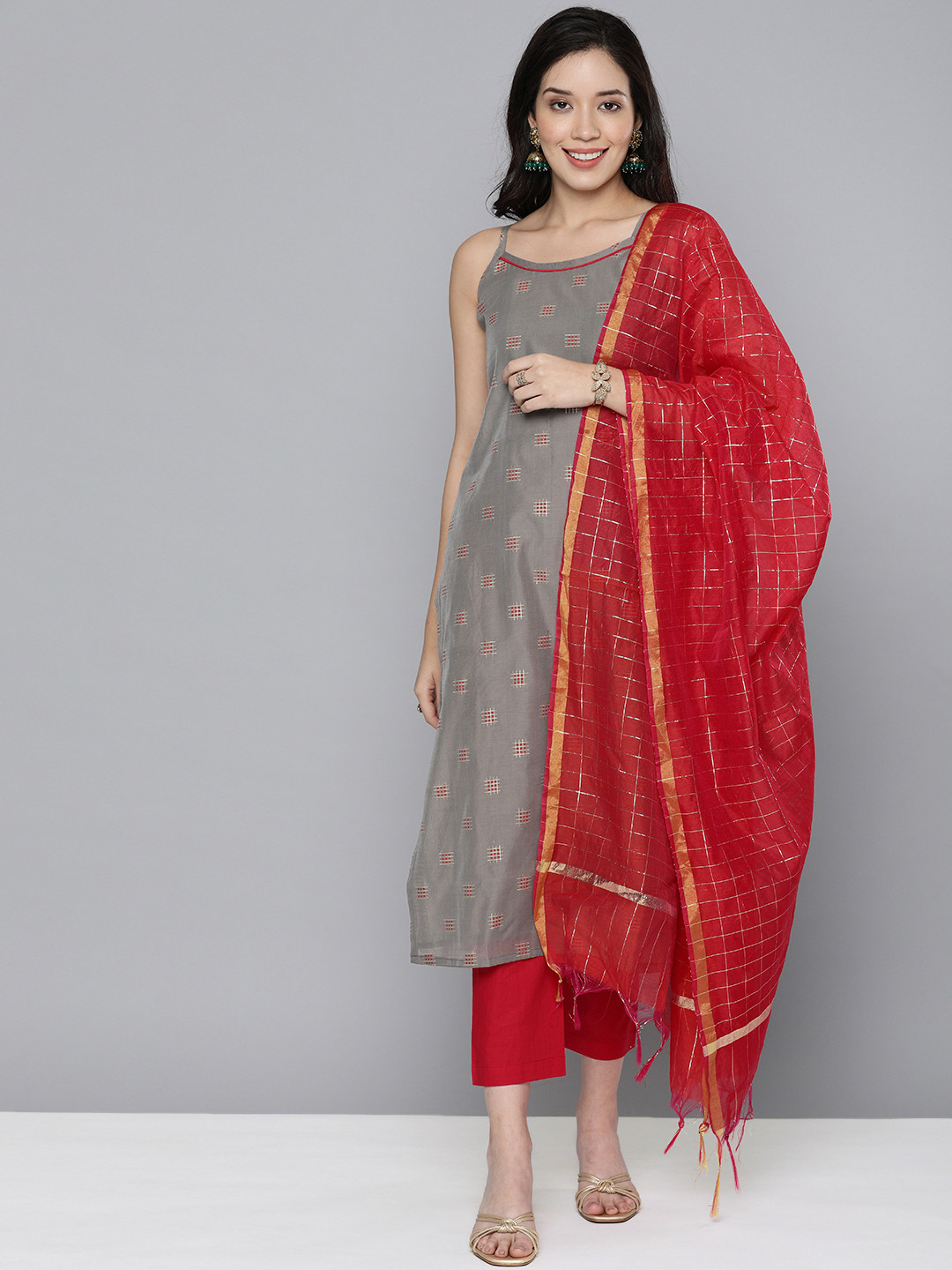 

Kvsfab Women Grey Regular Chanderi Silk Kurta with Trousers & With Dupatta