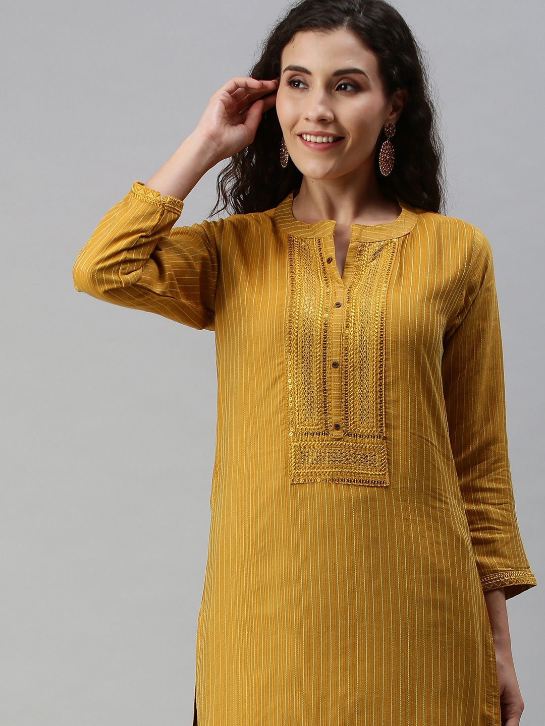 

SheWill Women Yellow Embroidered Dobby Kurta