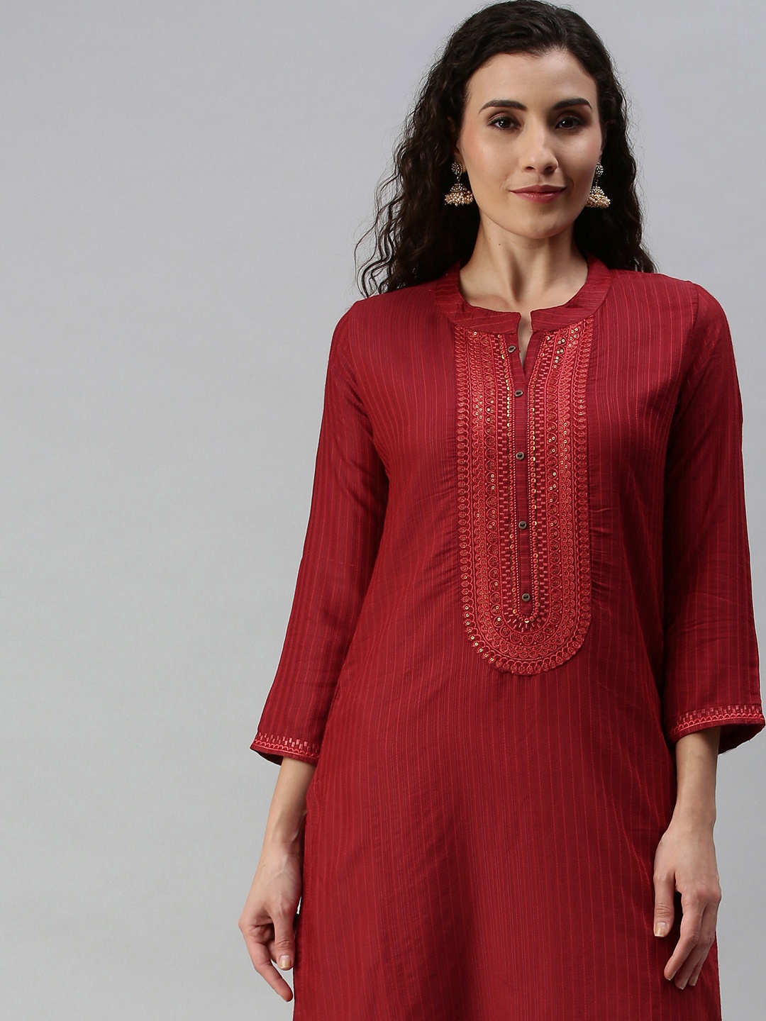 

SheWill Women Red Embroidered Thread Work Dobby Kurta