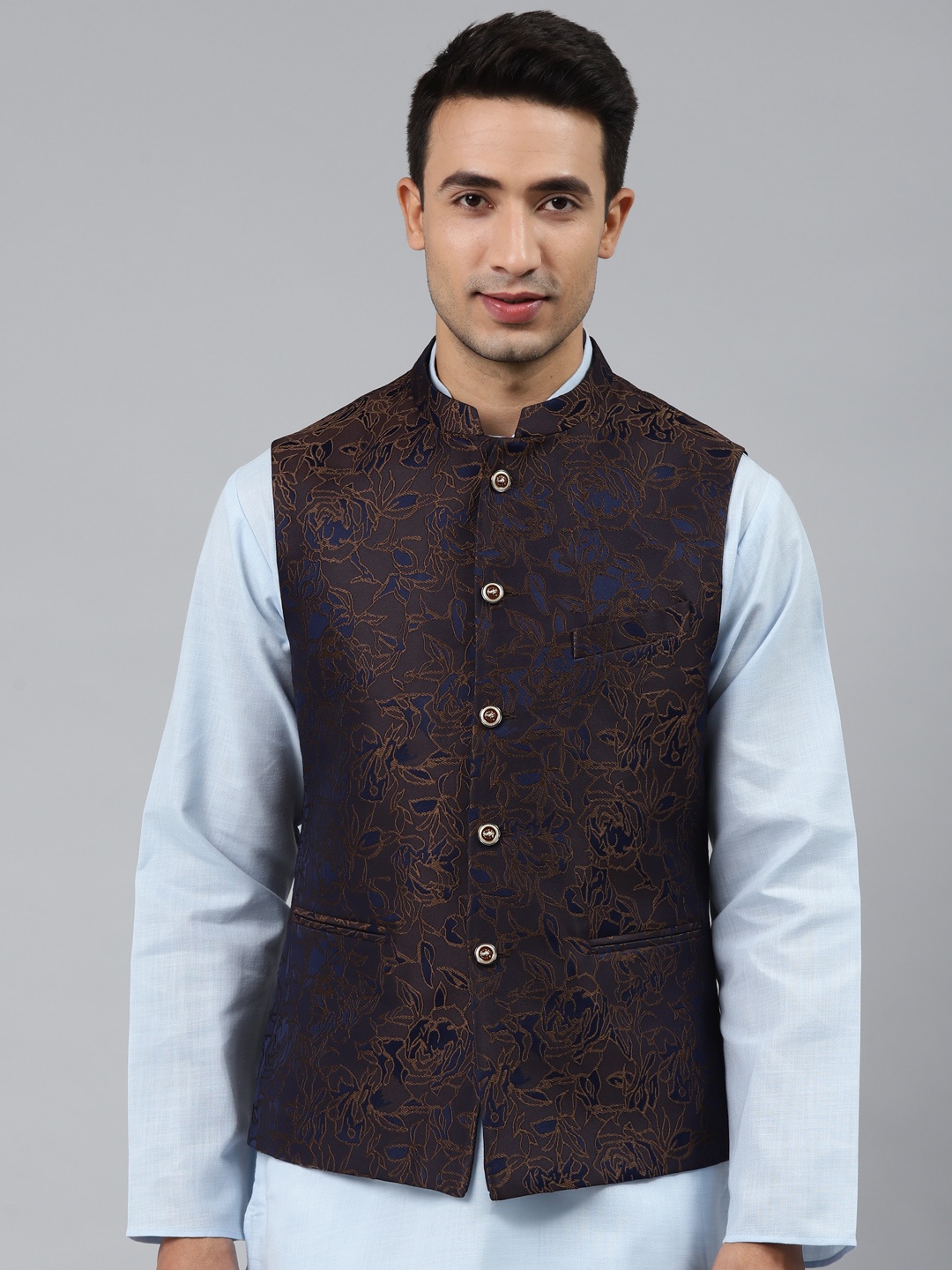 

MANQ Men Brown Woven Jaquard Silk Nehru Jacket
