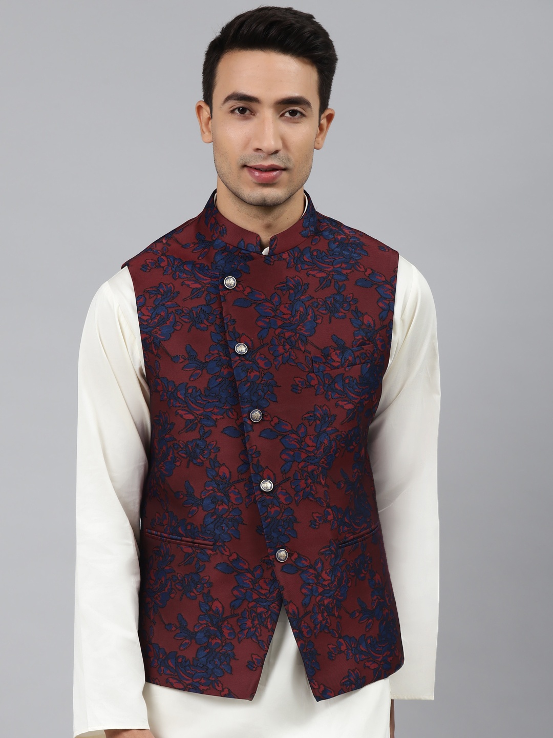 

MANQ Men Maroon Woven Jaquard Silk Nehru Jacket