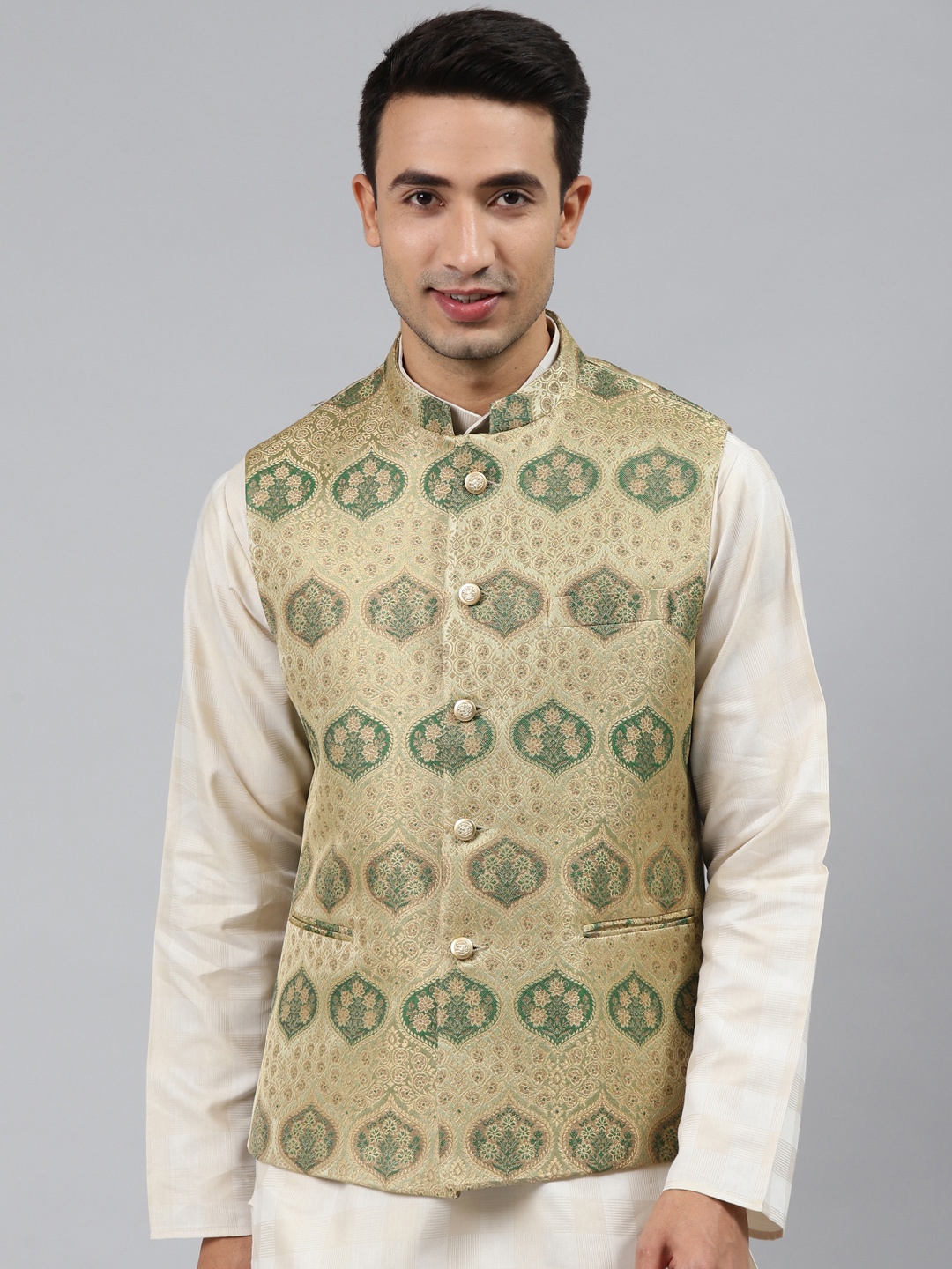 

MANQ Men Green Woven Jaquard Silk Nehru Jacket