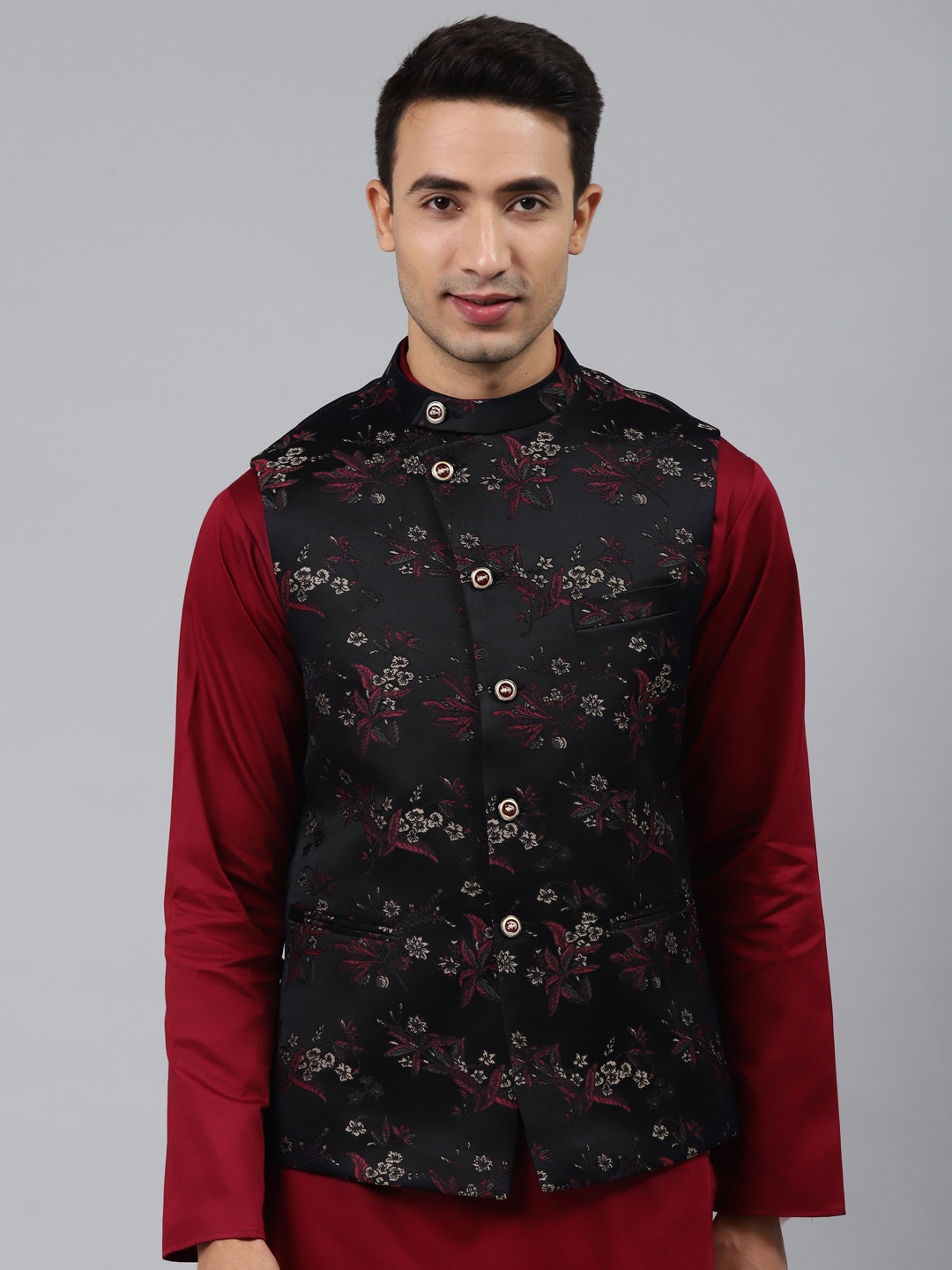 

MANQ Men Black Woven Jaquard Silk Nehru Jacket