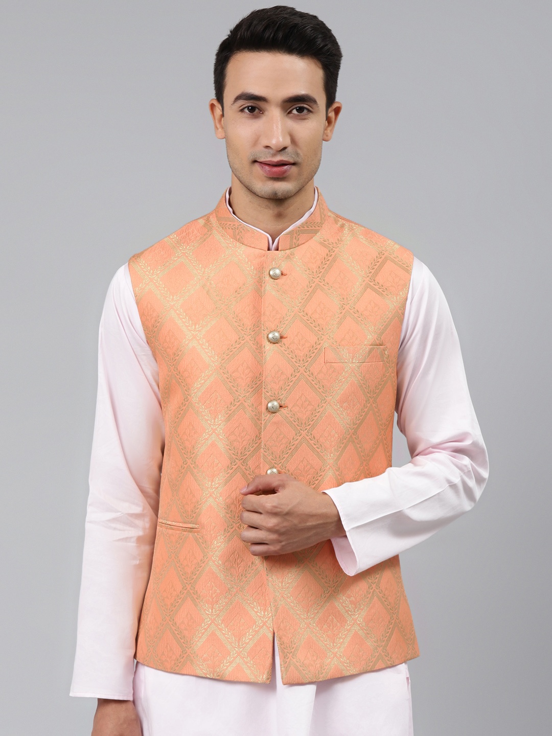 

MANQ Men Peach Woven Jaquard Silk Nehru Jacket