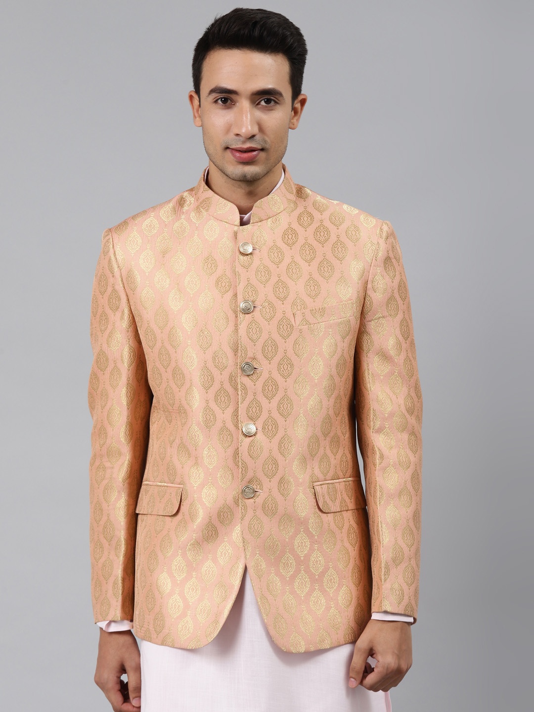 

MANQ Men Peach Self-Design Slim Fit Bandhgala Blazer