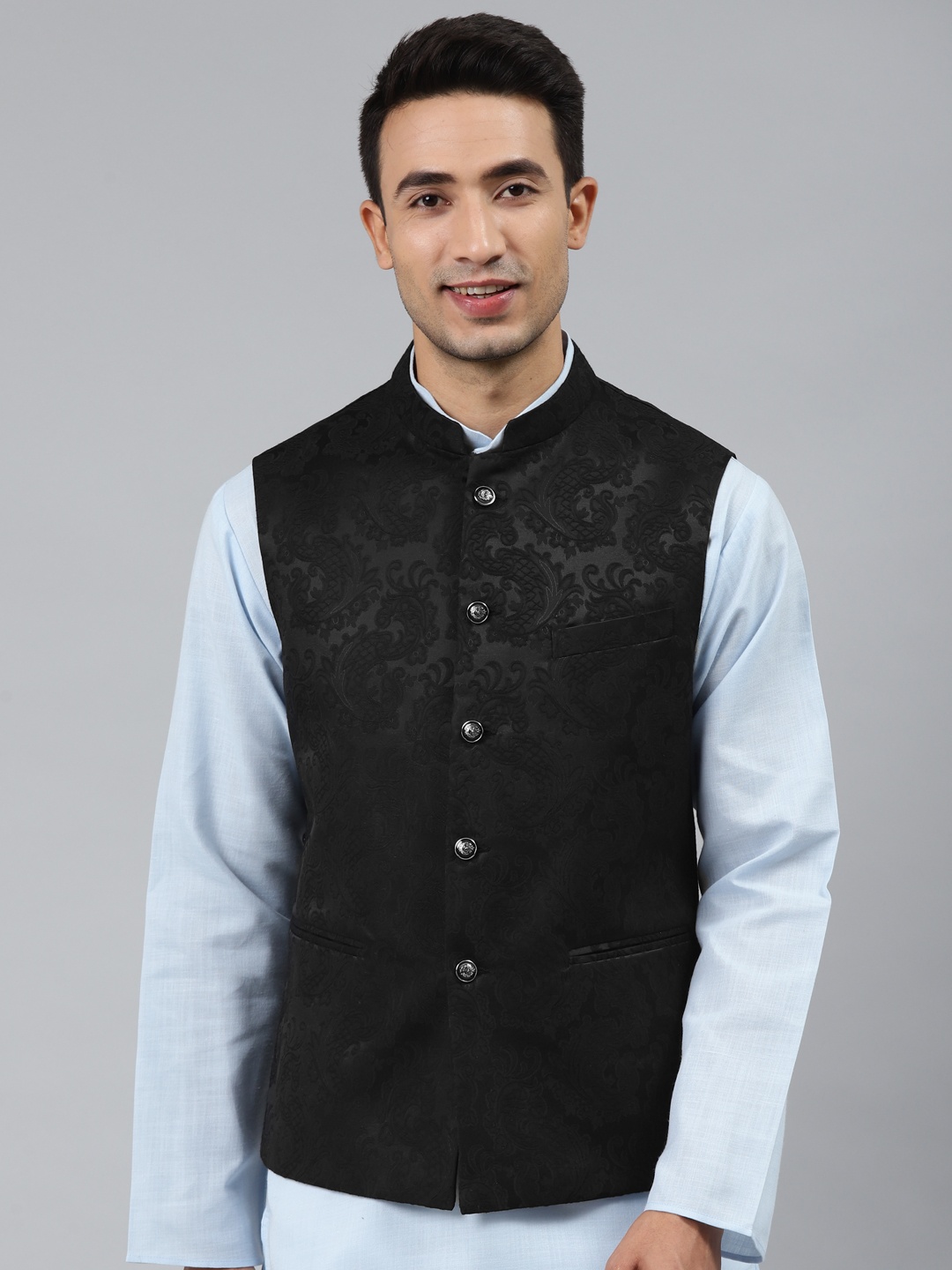 

MANQ Men Black Woven Jaquard Silk Nehru Jacket