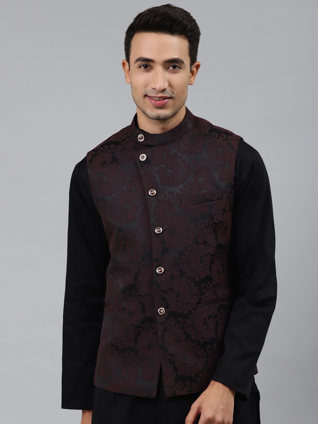 

MANQ Men Maroon Woven Jaquard Silk Nehru Jacket