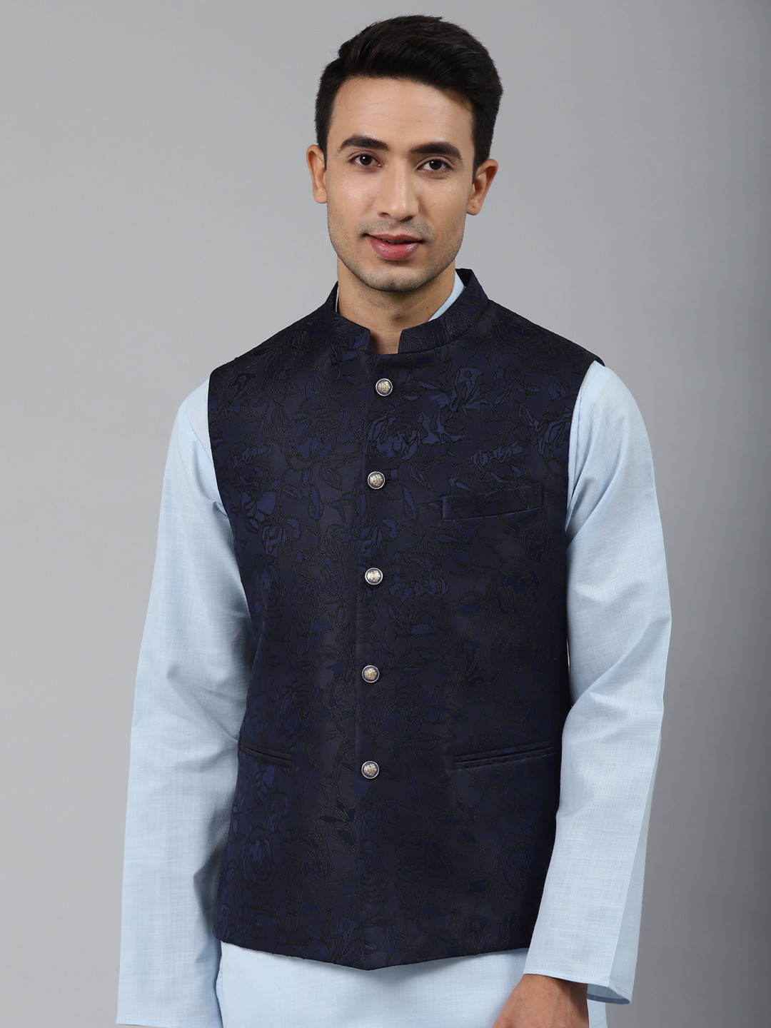 

MANQ Men Blue Woven Jaquard Silk Nehru Jacket
