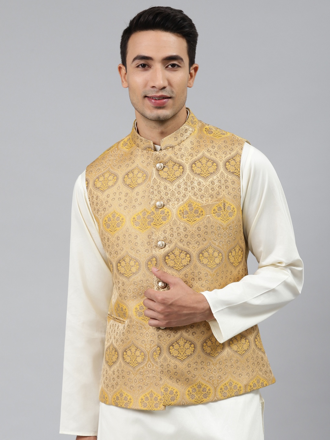 

MANQ Men Gold Toned Woven Jaquard Silk Nehru Jacket