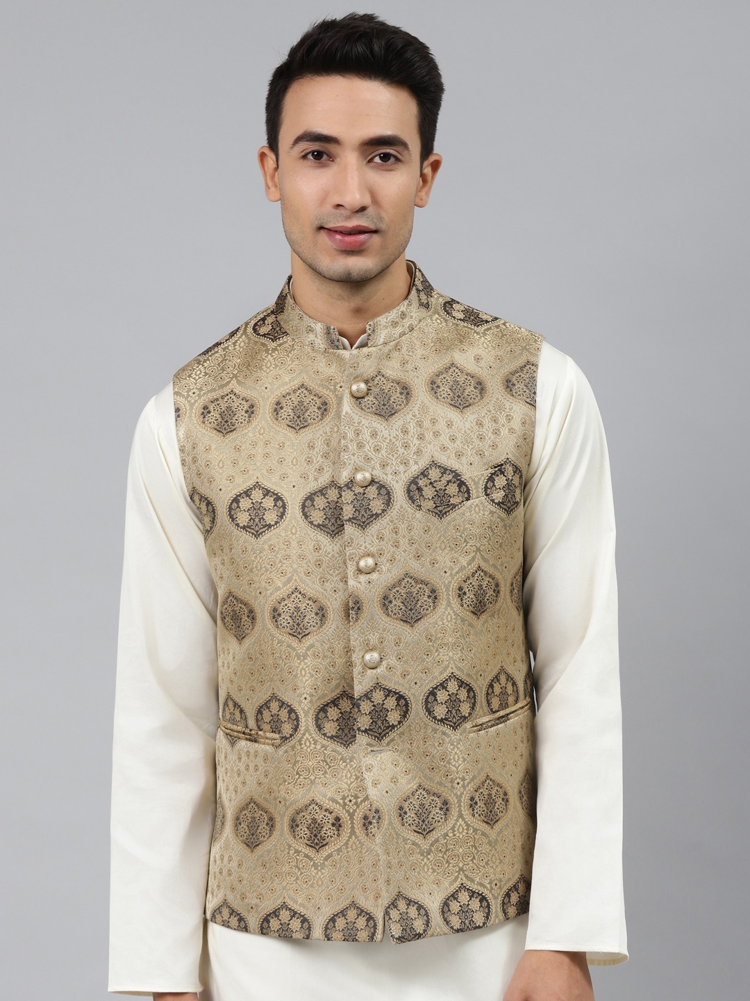 

MANQ Men Gold Toned & Black Woven Jaquard Silk Nehru Jacket